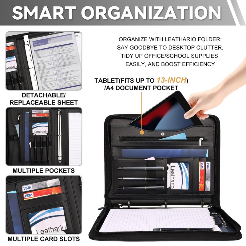Leathario Portfolio Binder, Padfolio Organizer, 3 Ring Binder with Zipper