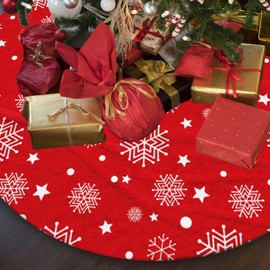 Christmas Tree Skirt, 90cm Christmas Tree Decorations Red Xmas Tree Base Cover Christmas Tree Mat with Snowflake Printed Christmas Tree Rug for Christmas New Year Holiday Party Home Decoration Y4SDSQ