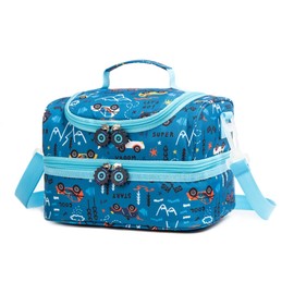 Life on track Insulated Kids Dual Compartment Lunch Bags Tote Pack for Girls Boys Toddler Kindergarten School Picnic Food Cooler Boxes with Shoulder Strap (Blue Car)