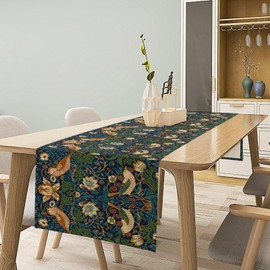 ICMOLYYENLO William Morris Table Runner Vintage Design Blue Strawberry Thief Table Runner Rustic Style Table Runner Can Be Used for Birthday Party Dinner Table Decoration 13x70 Inches