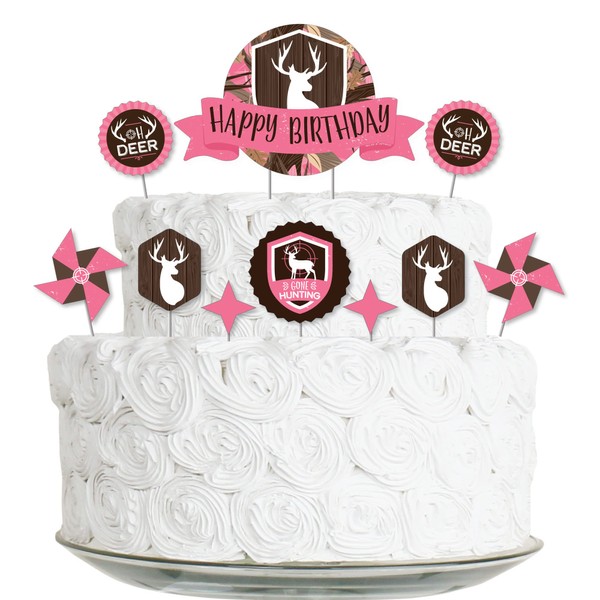 Big Dot of Happiness Pink Gone Hunting - Kit de decoración para tartas de cumpleaños, diseño de ciervos y camuflaje, 11 piezas