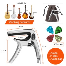 Guitar Capo, 3-in-1 multifunction capo for Acoustic and Electric Guitars (Free bonus 4 picks) with Pick Holder and Pin Puller, Guitar Accessories, Metallic Silver