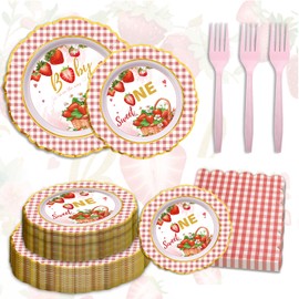 96-Piece Strawberry Birthday Party Supplies Set – 9” & 7” Paper Plates, Napkins, Forks – Sweet One First Birthday Decor for Girls, Baby Shower, Summer Fruit Theme (Serves 24)