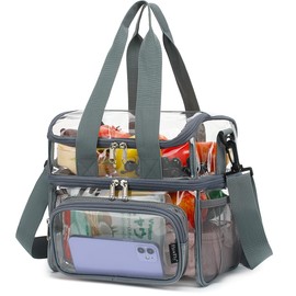 FlowFly Clear Bag Double Decker for Stadium Events With Shoulder Strap for Women, Men, Large and Reusable Lunch Container, Work and Sporting Events, Travel Transparent Tote Bag, Clear#Grey