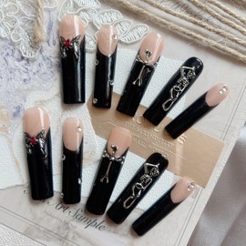 NAIL ANGEL 10PCS/SET Handmade Press On Nails Glitter Dark Metal 3D Cross Butterfly Charms French Style Long Coffin Nails Party Nails XXL Long Artifical Tips ZJ-11 (ZJ11, M)