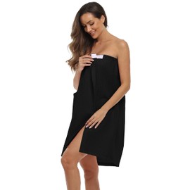 FADSHOW Women's Waffle Spa Bath Wrap Towel Adjustable Closure Ultra Absorbent Cover Up,Black,Large/X-Large