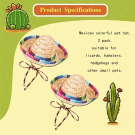 DHinkyoung 2 Pcs Bearded Dragon Sombrero Hats with Chin Strap, Adjustable Lizard Straw Hat, Mexican Hamster Clothes Small Pet Costume Accessories for Reptile Hamster Leopard Gecko Ferret Guinea Pig