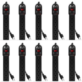 KMC 6-Outlet Surge Protector Power Strip 10-Pack, 600 Joule, Overload Protection, 2-Foot Cord