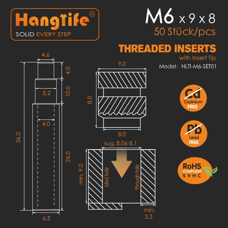 HANGLIFE M6 Heat-Set Threaded Inserts with Insert Tip, Heat Set