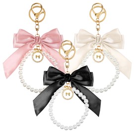 Bow Keychain 3Pcs Pearl Bow Girly Keychain for Purse Backpack Cute Accessories for Car Keys Wristlet Keychain for Women Girls Friend Pink White Black Bow Bag Charm Bow Keychain for Purse Bow Key Chain