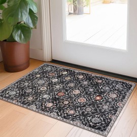 KILOCOCO 2x3 Small Area Rug, Moroccan Entryway Rugs Indoor Vintage Washable Rug Non-Slip Indoor Door Mat, Accent Print Faux Wool Throw Rug for Laundry Kitchen Bedroom Entrance, Charcoal/Multi