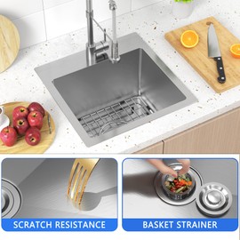 15x15x9 inch Drop in Bar Sink, 18 Gauge Single Bowl Stainless Steel Small Bar Sink with Basket Strainer Drain & Bottom Grid