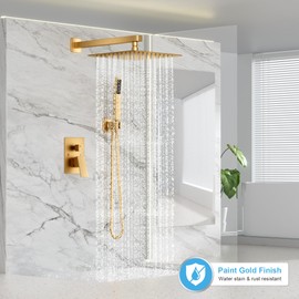 FPXRNG Gold Shower Faucet Set, Rainfall Shower System with Rain Shower Head and Handle Set, Wall Mounted Shower Fixtures, Full Metal Trim Repair Kit 12 inch Paint Gold (With Shower Valve)