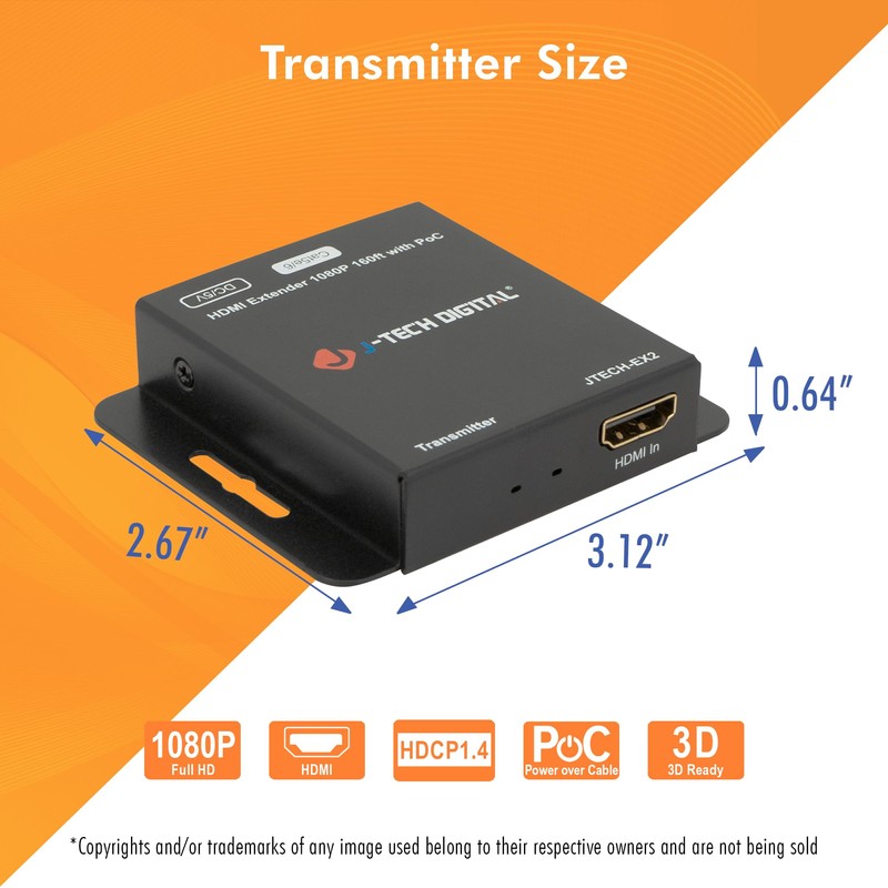 J-Tech Digital HDMI Extender Over Single Ethernet Cat5e/6/7 1080P Up