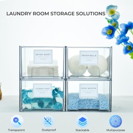 SACREDAY 4 Pack Laundry Room Organization and Storage Containers with Labels, Stackable Clear Plastic Storage Drawers for Dryer Sheet Holder, Laundry Pods Container, Laundry Room Decor for Organizing