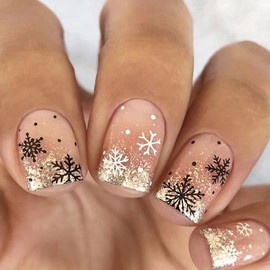Christmas Gold French Tip Press on Nails Short Square Fake Nails with Gold Glitter Designs Black White Snowflake False Nails Coffin Glue on Nails Winter Artificial Stick on Nails for Women Girls 24Pcs