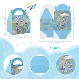 24PCS Travel Party Favor Boxes World Map Paper Treat Goodie Boxes with Handles Let The Adventure Begins Themed Gift Wrapping for Travel Birthday Party Decorations