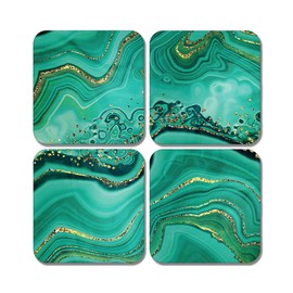 4 x Square Green Agate Coasters - Marble Effect Ink Teal Pattern Set Theme Gift #78455