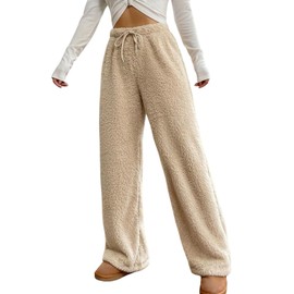 codcm Women's Fuzzy Lounge Pants Comfy Warm Fleece Pajama Long Pants Drawstring Elastic Waist Wide Leg Bottoms(Khaki,Small)