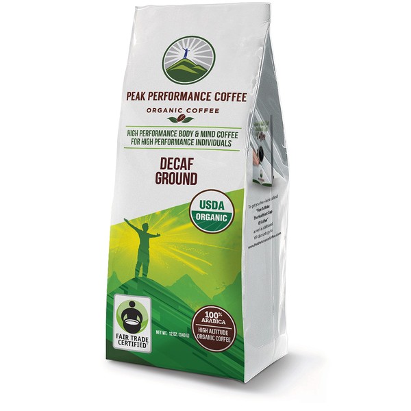Peak Performance High Altitude Organic Decaf Coffee. Fair Trade, Low Acid, Non GMO, and Beans Full Of Antioxidants! Medium Roast Smooth Tasting USDA Certified Organic Decaffeinated Ground Coffee Bag