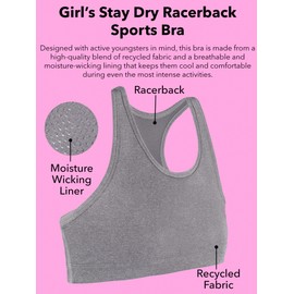 Fruit of the Loom Girls' Stay Dry Racerback Sports Bra, Black/Dark Grey Heather