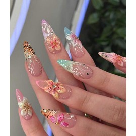 Mermaid's Treasure Floral & Tiger Nail Art Tropical Glam Press On Nails Y2K Pastel Summer Nails Bold Vacation Nails Long Stiletto Leopard Nail Glossy Finish with Rhinestones and Pearls:_Almond_S