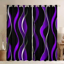 Purple Grey and Black Stripe 30%-50% Blackout Curtain Boys Geometric Ombre Window Curtains Kids Geometry Swirl Lines Darkening Drapes Pastel Gradient Stripes Window Treatments, 2 Panels, 42 x 63 Inch