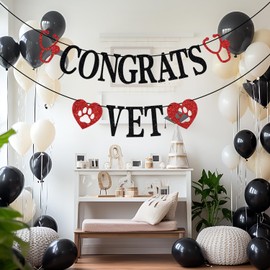 Congrats Vet Banner, Future Vet Banner, Congrats Veterinarian Party Decor, 2025 Veterinarian Graduation Party Decorations, Black and Red Glitter