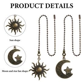 Ceiling Fan Pull Chain - 2PCS Whimsical Decor, 90s Celestial Decor, Pull Chain Extension, Ceiling Fan Pulls, Light Pulls Chains Decorative, Vintage Charm Sun and Moon Pendant Chains, Pulls Cord Light