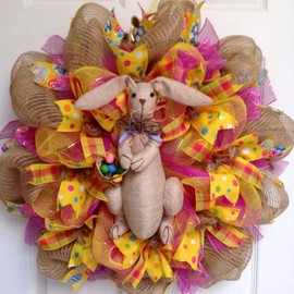Burlap Easter Bunny with Easter Egg Basket Deco Mesh Wreath