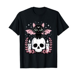 goblincore cat bat on skull moonphases goth cottagecore T-Shirt