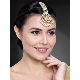 Aheli Gold Plated Indian Traditional Kundan White Pearl Maang Tikka for Women Girls