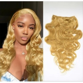 Unipearl Wavy Clip-In Real Hair Extensions, 60 cm / 24 Inches, 8 Pieces, 120 g, #27 Honey Blonde Hair Extensions for Women, Body Wave, Remy Hair Extensions, Clip-In