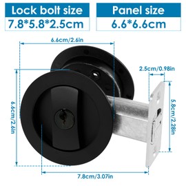 Bed/Bath Pocket Door Lock and Pull Round Privacy Door Lock with Key Recessed 2 Sided Invisible Sliding Door Locks Hardware for 1 3/8 Inch to 1 15/16 Inch Thickness Door (Black)