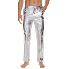 Metallic Shiny Disco Pants for Men, 70s/80s Hip Hop Party Rave Leather Pants, Vintage Rock Star Cosplay Straight Leg Trousers (Silver, XXL)
