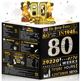 80th Birthday Cards Funny 3D Pop Up Gifts with Envelope for Women Men Anniversary Party Decorations Born In 1945 Poster Vintage 80 Year Old Greeting Card for Grandma Grandad Mum Dad Husband Wife Her