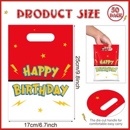 50 Pcs Happy Birthday Party Favor Bags, Red White Lightning Bolts Plastic Goodie Treat Bags with Handles, Cartoon Candy Gift Bag for Kids Birthday Baby Shower Party Supplies Decorations