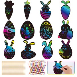 Easter Scratch Art Egg Decorations Papers 48 Pcs - Easter Crafts Rabbit Bunny Carrot Egg Rainbow Magic Scratch Painting for Kids, Essentials Easter Party Bag Fillers with 12 Wood Stylus & 48 Ribbons