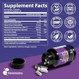 Suplemento de glicinato de magnesio 600 mg de vitamina D3 K2 con vitamina C, zinc y aloe vera, apoyo óseo, energía y control del estado de ánimo y sal