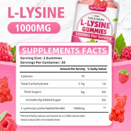 softbear L-Lysine Gummies for Adults & Kids, L Lysine 1000mg Chewable Lysine Supplement for Lips & Oral Health, Immune & Collagen Support, Vegan, Non GMO, Gluten-Free, Raspberry Flavor 120 Count