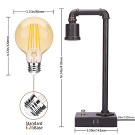 Industrial Table Lamp, Vintage Bedside Lamp with USB Charging Port Dimmable Steampunk Office Lamp Metal Pipe Edison Reading Lamp for Bedroom, Coffee, Dorm, Farmhouse Decor 6W LED Bulb Included