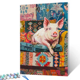 Funny Pig Sitting on Sofa Paint by Number Cute Pig Animal Painting DIY Painting on Canvas with Brushes Acrylic Paints Paint by Numbers for Adults and Kids Beginner DIY Kit 16x20 Inch（without Frame）