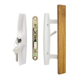 Lanai Sliding Glass Door Handle and Mortise Lock Set with Oak Wood Pull in White Finish, Includes Key Cylinder, Standard 3-15/16” CTC Screw Holes, 1-3/4" Door Thickness