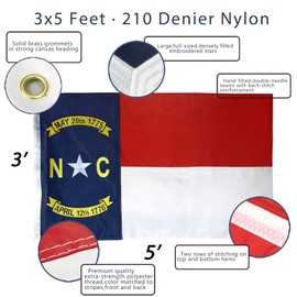 Anley EverStrong Series Embroidered North Carolina State Flag 3x5 Feet - Embroidery & Heavy Duty Canvas Header - 4 Rows of Lock Stitching - Nylon NC Flags with Brass Grommets 3 X 5 Ft