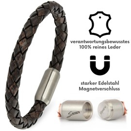 Simaru Premium Leather Bracelet Made in Germany with Stainless Steel Magnetic Clasp, Unisex Braided Leather Bracelet, Waterproof and Skin-friendly, Leather