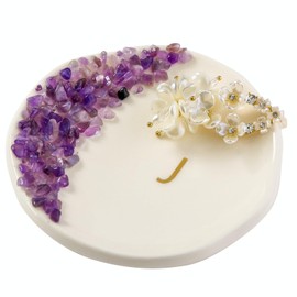 Maxsirui Ceramic Initials Ring Dish with Brazilian Amethyst Inlaid, Cute Room Decor Aesthetic, Decorative Jewelry Tray Trinket Dish, Engagement Wedding Birthday Christmas Gifts for Women (J)