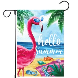 Hello Summer Flamingo Garden Flag Beach Tropical Palm Trees Spring Flags 12x18 Double Sided Hawaiian Sea Beach Luau Yard Banner for Seasonal Outdoor Party Decoration(ONLY FLAG)