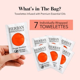 Herban Essentials - Orange Wipes & Towelettes - Essential Oil Wipes for Make Up, Hands, Face & Body - Travel Size Essentials & Toiletries - Natural, Individually Wrapped, Disposable & Moist (7 count)