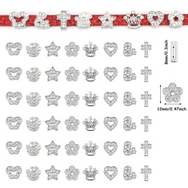 ASUNFO 48 Pcs Rhinestone Slide Charms Beads Assorted 8 Shapes Crown Pentagon Cross Flower Butterfly & Paw Print Heart 8mm, Metal, No Gemstone