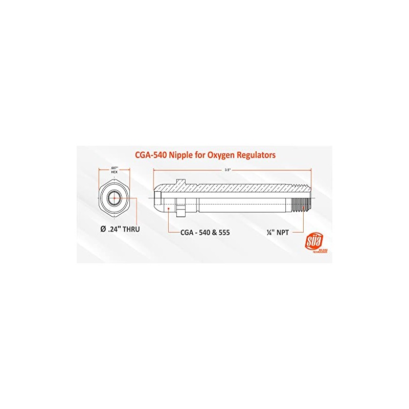 SÜA® - CGA-540 Nipple for Oxygen Regulators - Length: 3-1/2